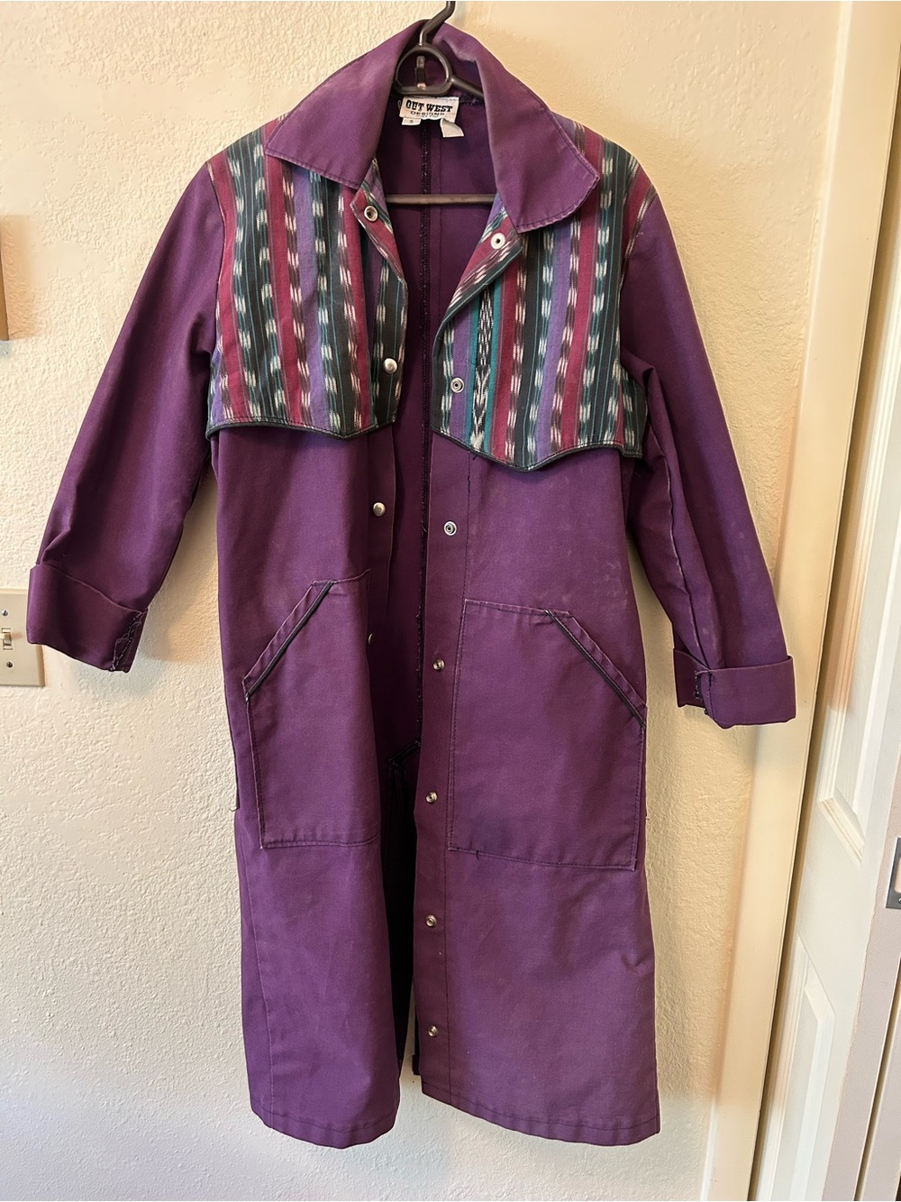 Vintage Out West Purple Women's Long Duster Coat with Patterned Yoke